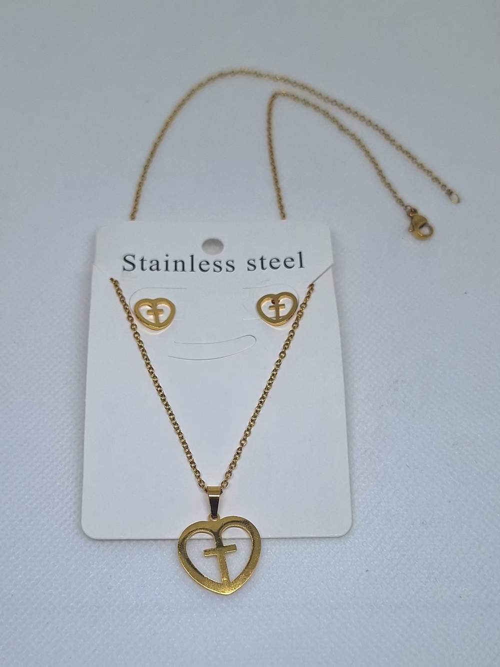 Gold Heart Cross Stainless Steel Necklace & Earrings Set